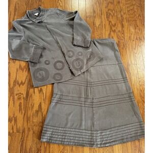 💙J. Jill Women's Sz L Tencel 2pc Jacket/Shirt Maxi Skirt Geo Brown Stonewashed